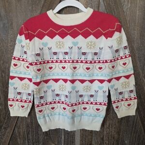 Andy & Evan Sweater Kid's Size 5 Pink Aqua Ivory Llamas Hearts Metallic Stripes
